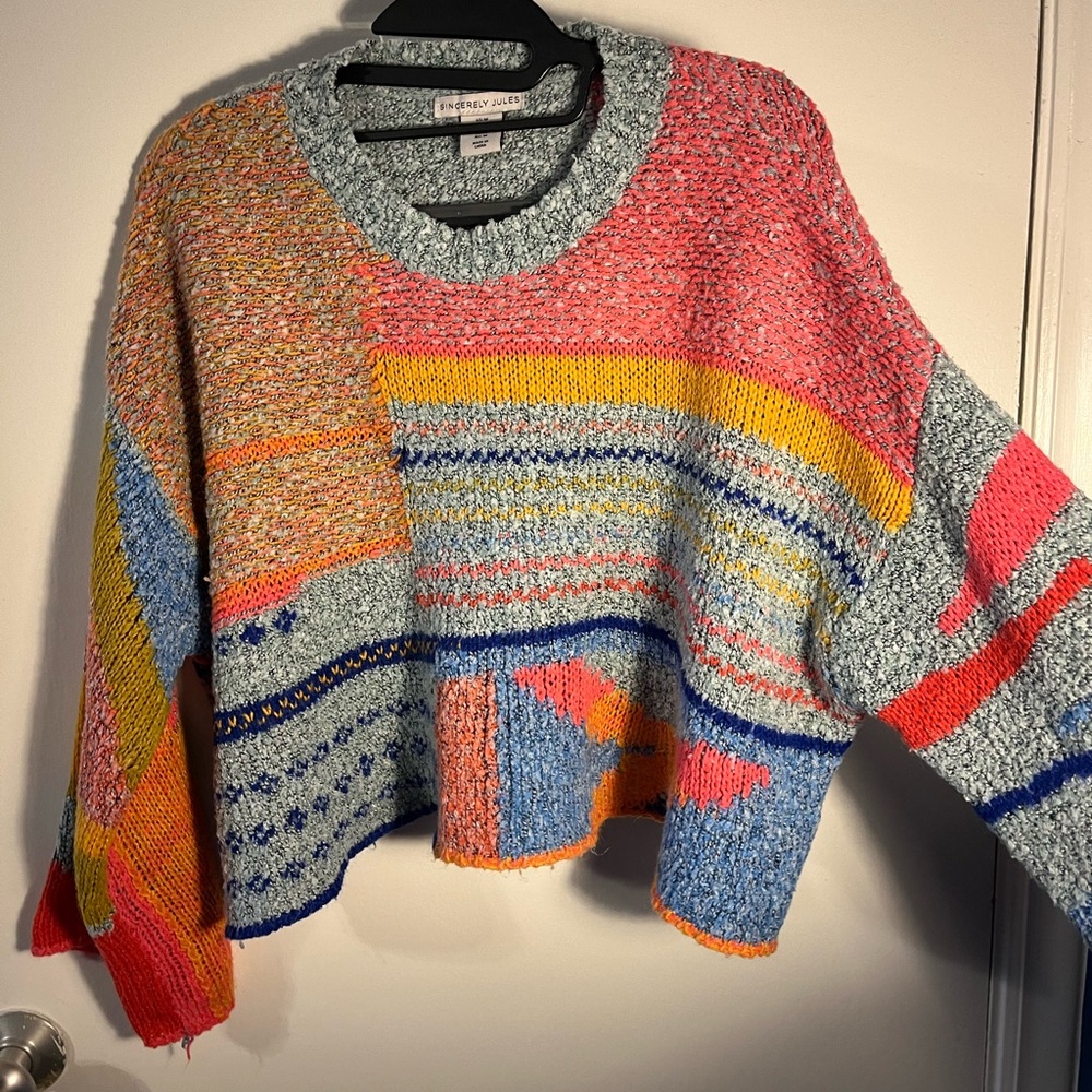 Sincerely Jules Multicolor Patchwork Sweater crop… - image 2